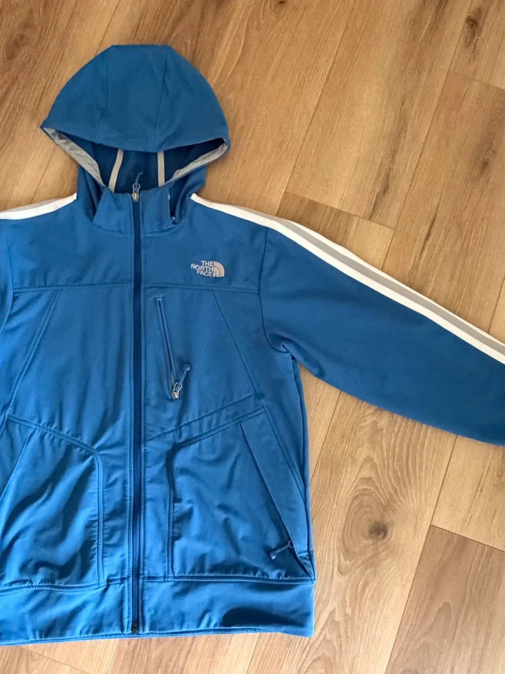 The North Face Boys' Blue Hooded Jacket with White Stripes